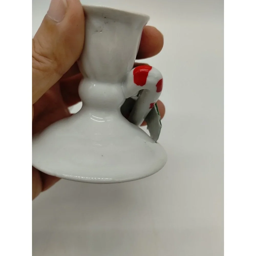 Set Of 2 Christmas Candlesticks Candy Cane Mistletoe White 2.5